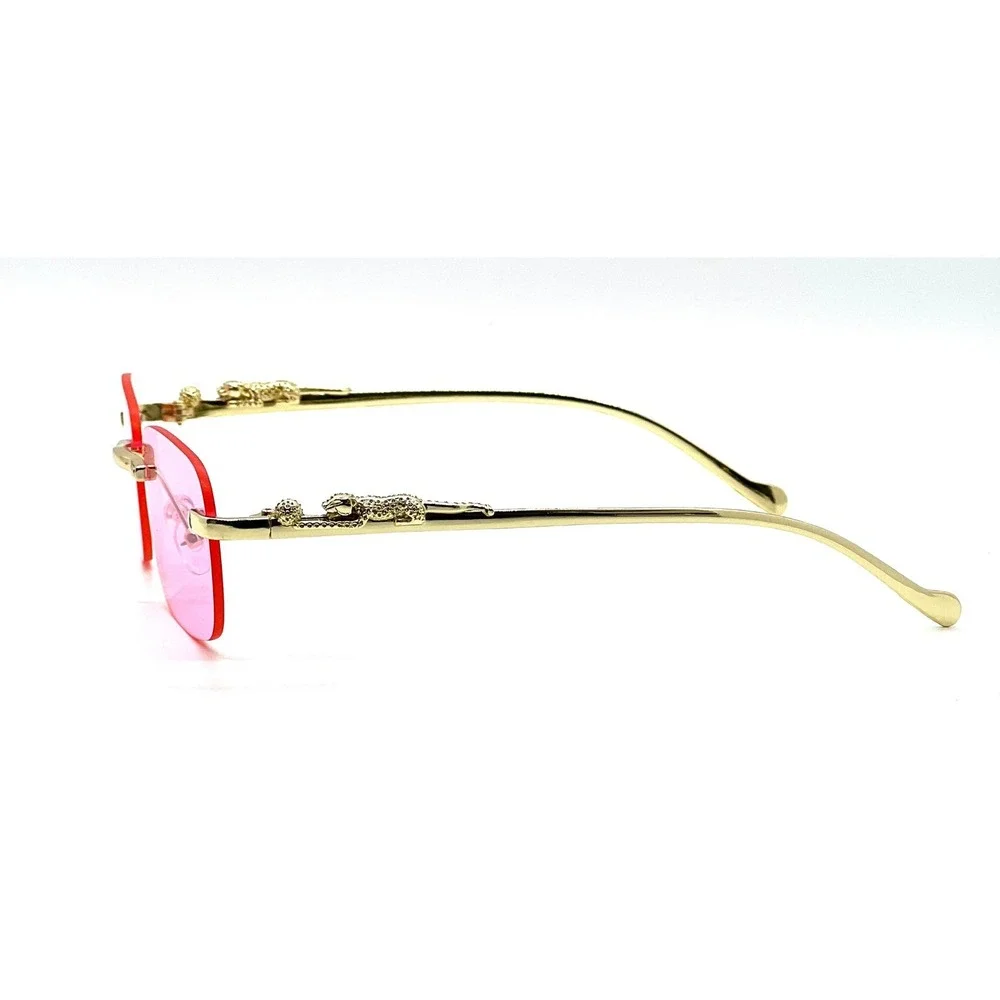 Rimless‎ Sunglasses Gold Leopard Accent Pink Lens Fashion Trendy Designer Women